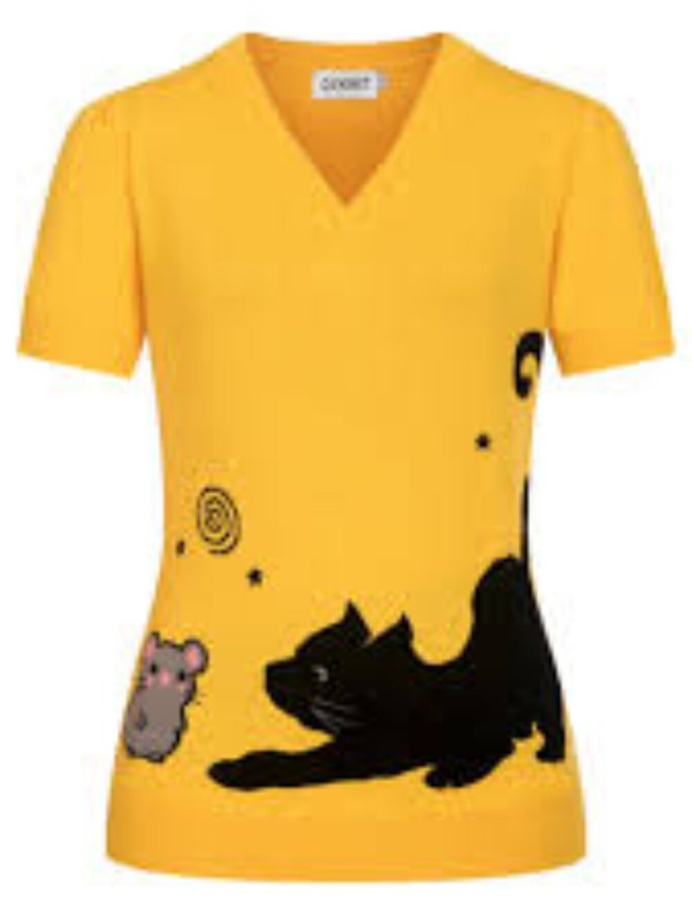 OXKNIT Women’s Yellow 70s Fun Cat V-Neck Knit Top Size: S NWT